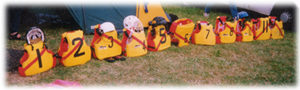 Cherwell Canoe Club - Buoyancy Aids lined up (by number) at a campsite